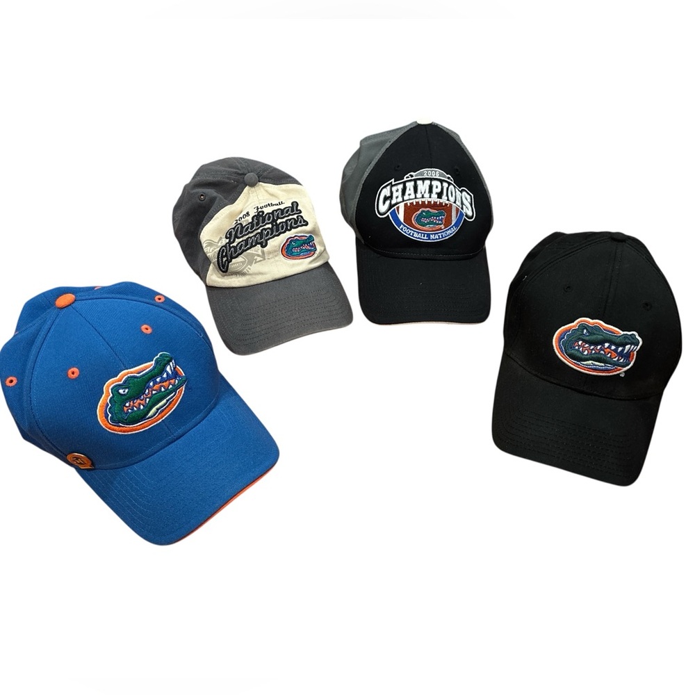 4 FLORIDA GATOR COLLEGE FOOTBALL HATS 2 CHAMPIONSHIP 1 50 GRAND GUARD PIN 1 BLK